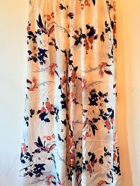 Cream Floral Wide-Leg Satin Pants with Navy & Coral Accents